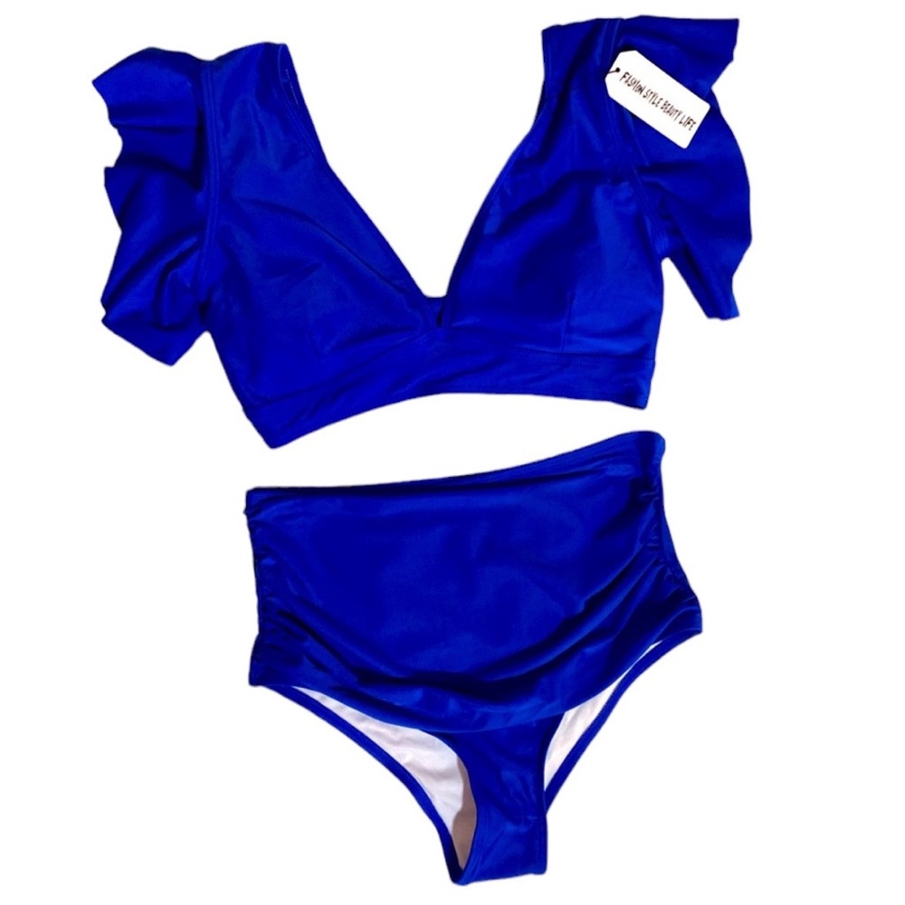 SPORLIKE blue women’s Ruffle Shoulder swimsuit bikini set sz Large NWT
